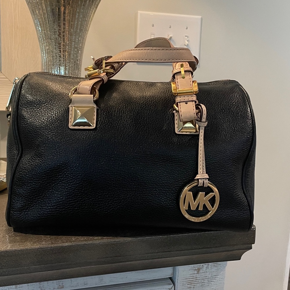 Michael Kors Black Pebble Leather Satchel with Tan Leather Straps